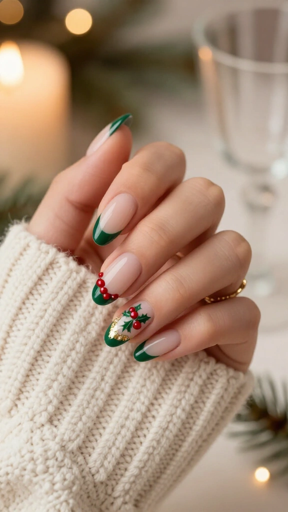 French tip almond nails with tiny holly details