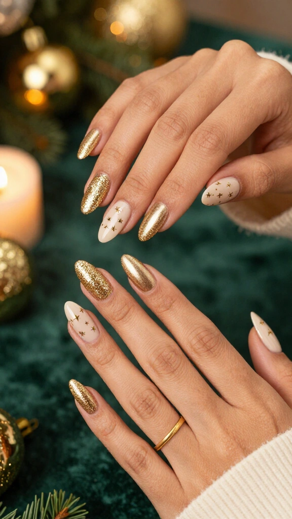 Glittery gold Christmas almond nails