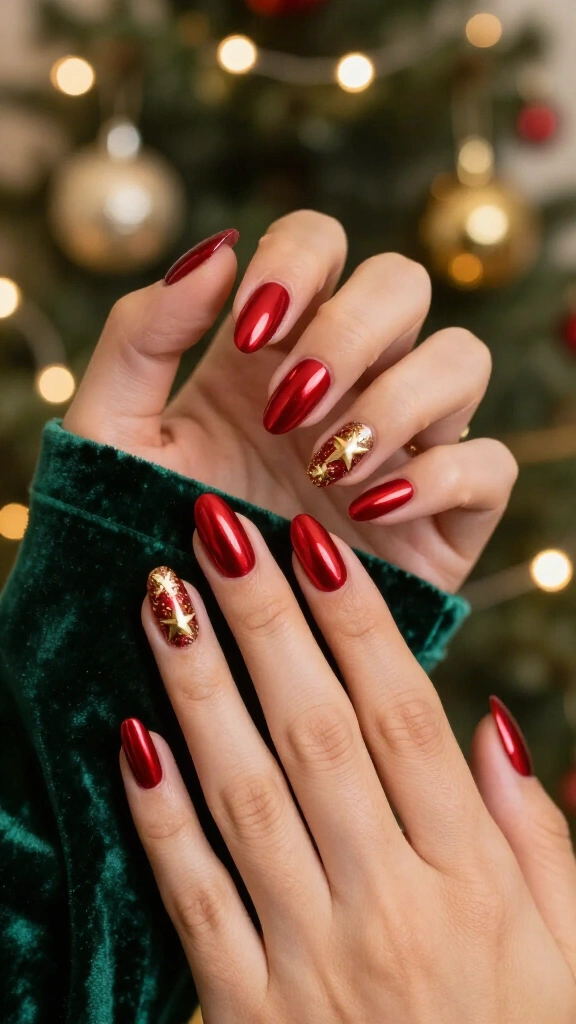 Red chrome almond nails with gold stars