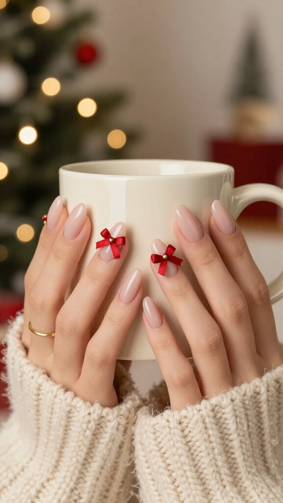 Nude almond nails with delicate Christmas bows