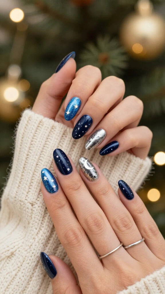 Dark blue starry night almond nails