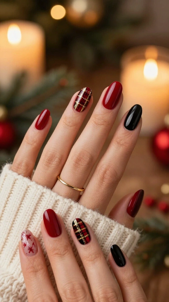 Black, red, and gold plaid almond nails