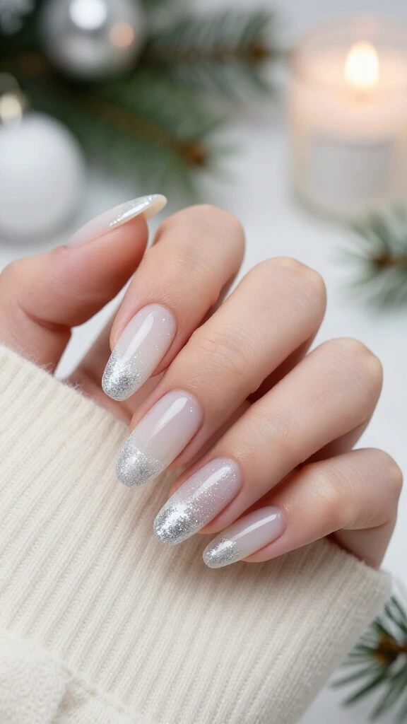 Milky white almond nails with silver glitter