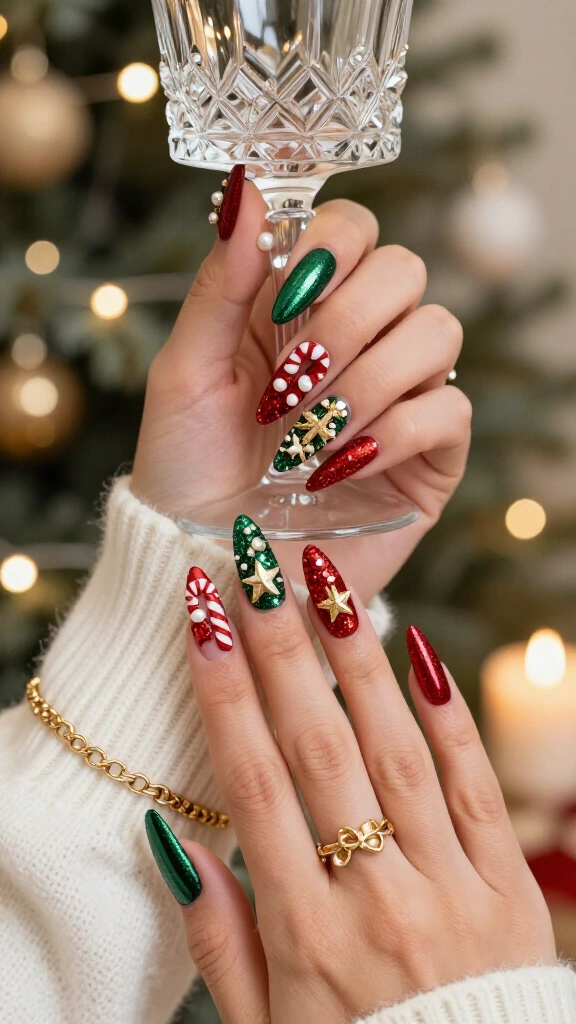 Maximalist Christmas charm almond nails
