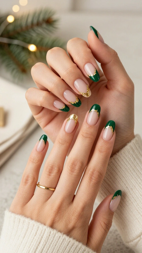 Deep Pine French Tips with Gold Foil