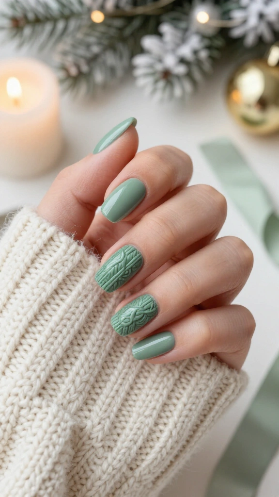 Festive Sage Green Cable Knit Sweater Nails
