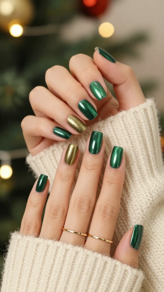Emerald green chrome square nails