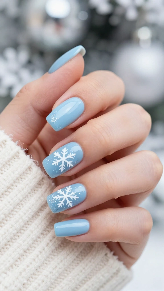 Snowflake and icy blue square nails