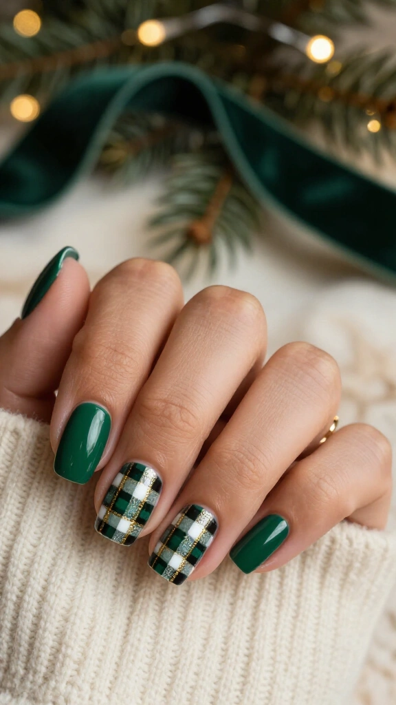 Tartan Plaid Deep Emerald Accent Nails