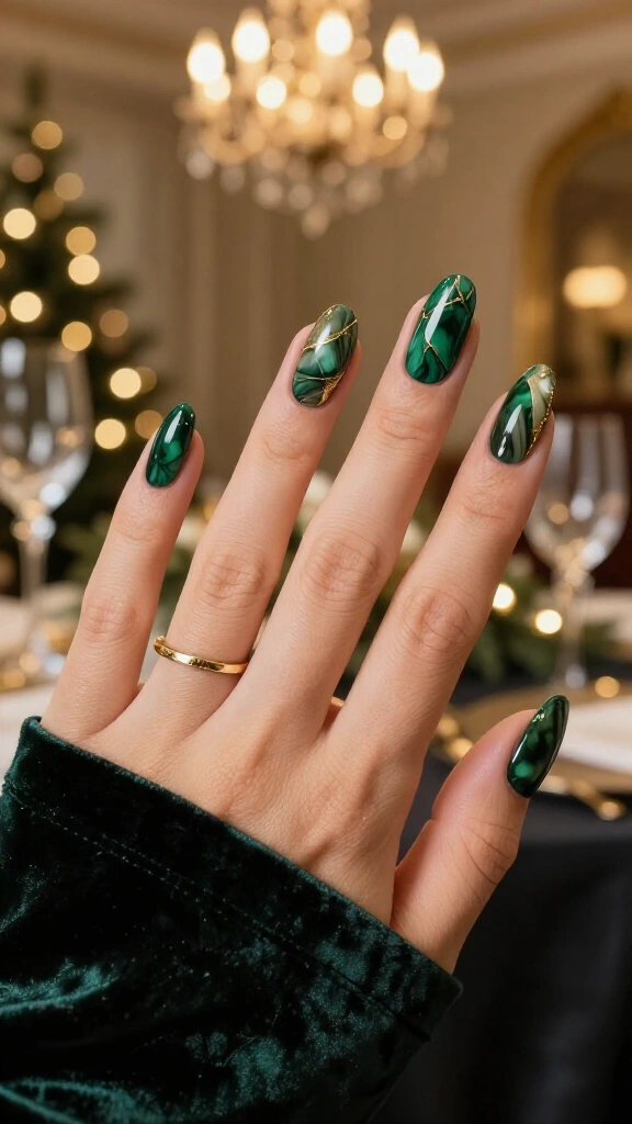 Green Marble Nails with Liquid Gold Veins