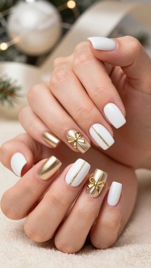 White and gold gift wrapping nails