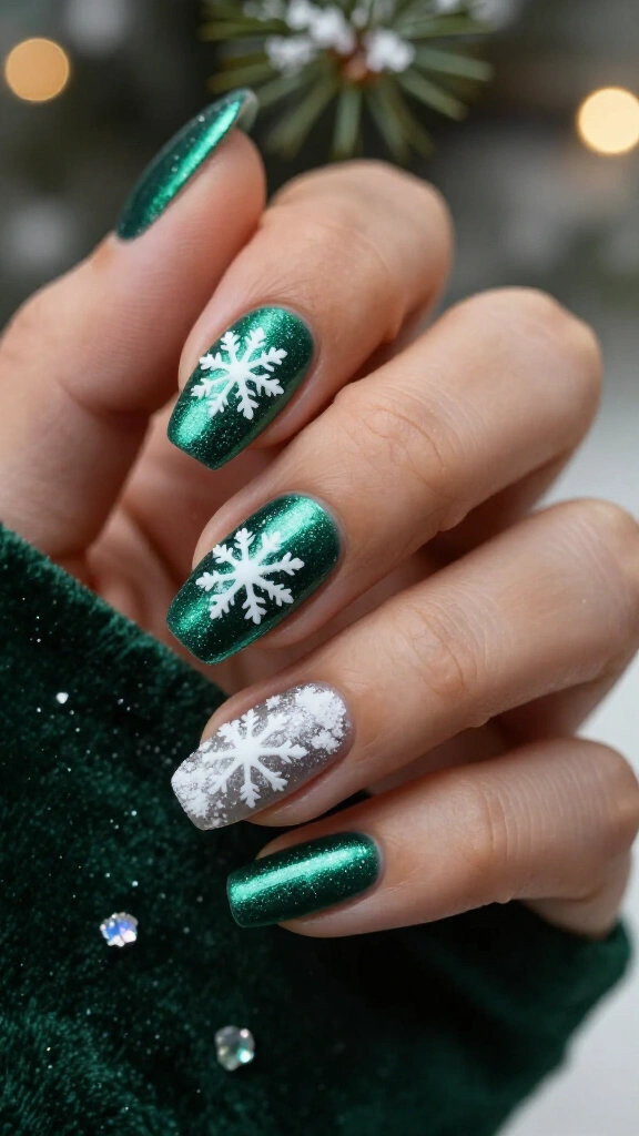 Evergreen Frosted Shimmer with Snowflakes