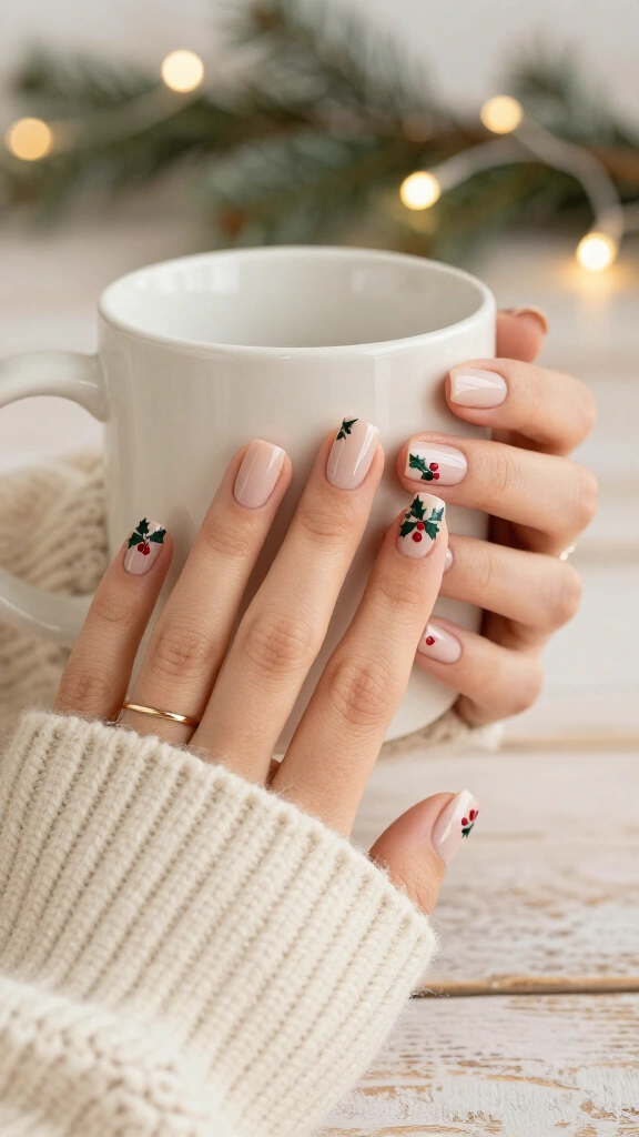 Minimal holly berry square nails