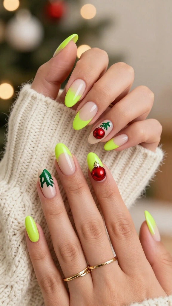 Neon Holiday Grinch Accent Nails