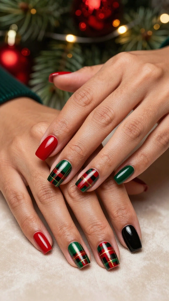 Plaid Christmas square nails