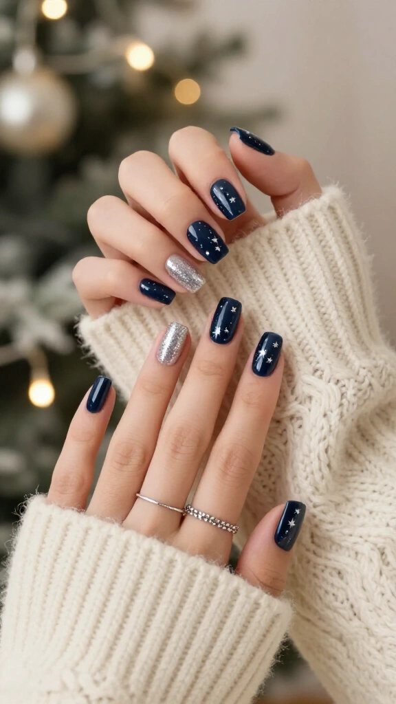 Silver glitter starry night nails