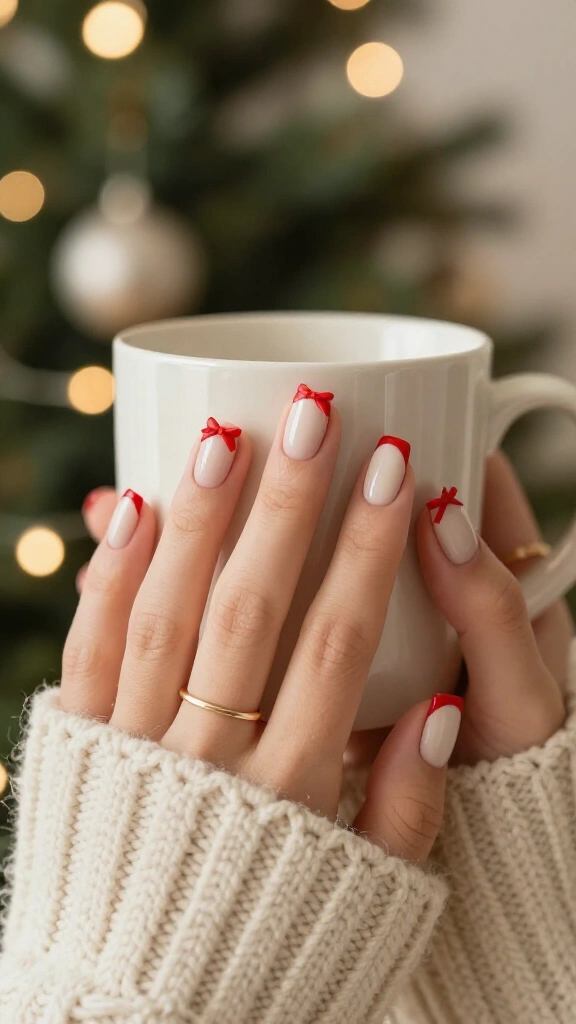French vanilla and red bow nails