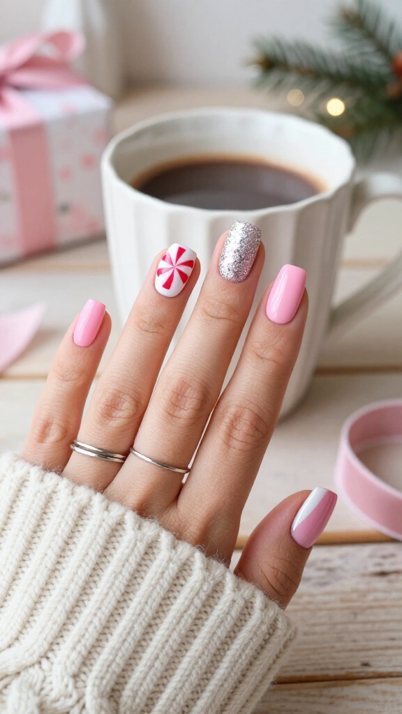 Pink peppermint swirl square nails