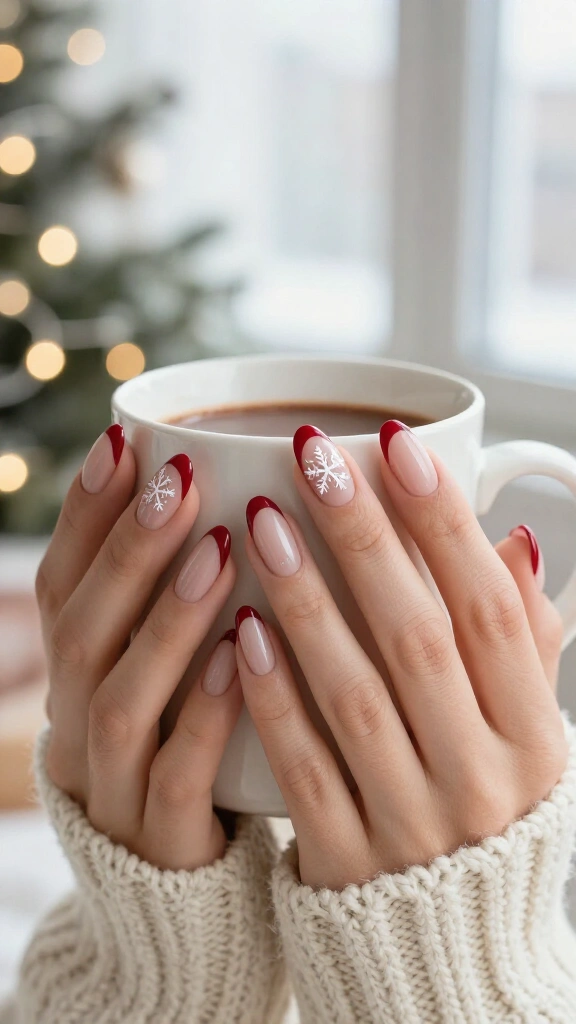 Classic red French tips with tiny snowflakes
