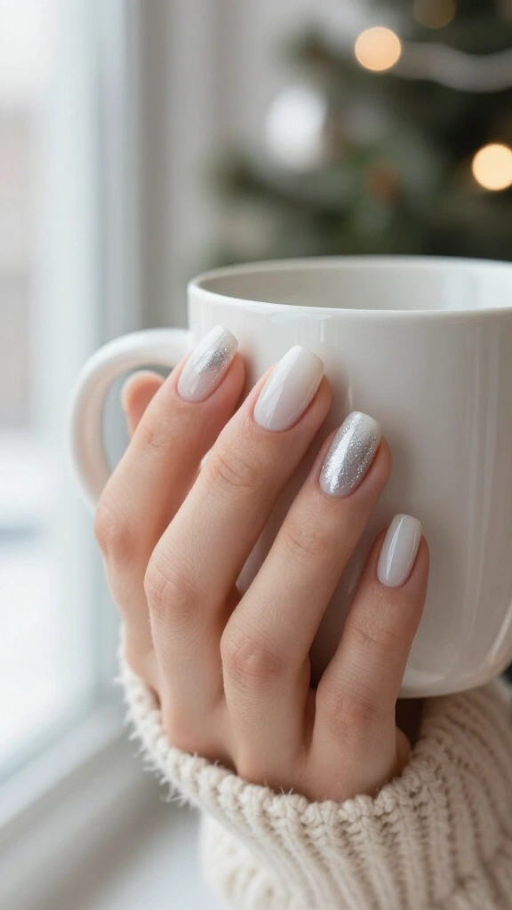 Milky white with fine silver dust