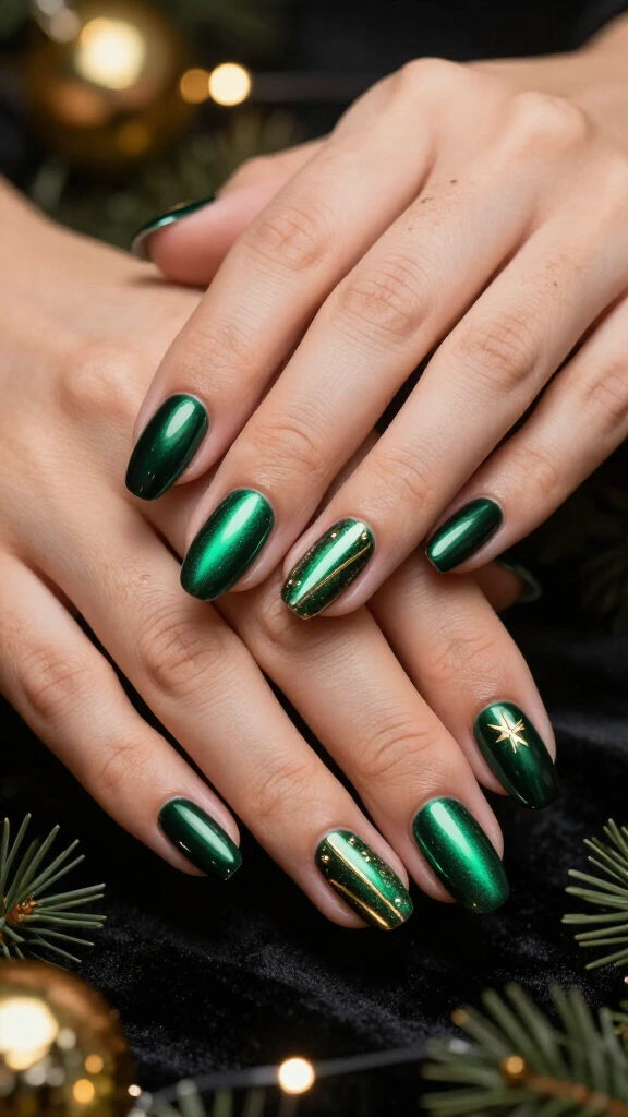 Emerald green chrome Christmas nails