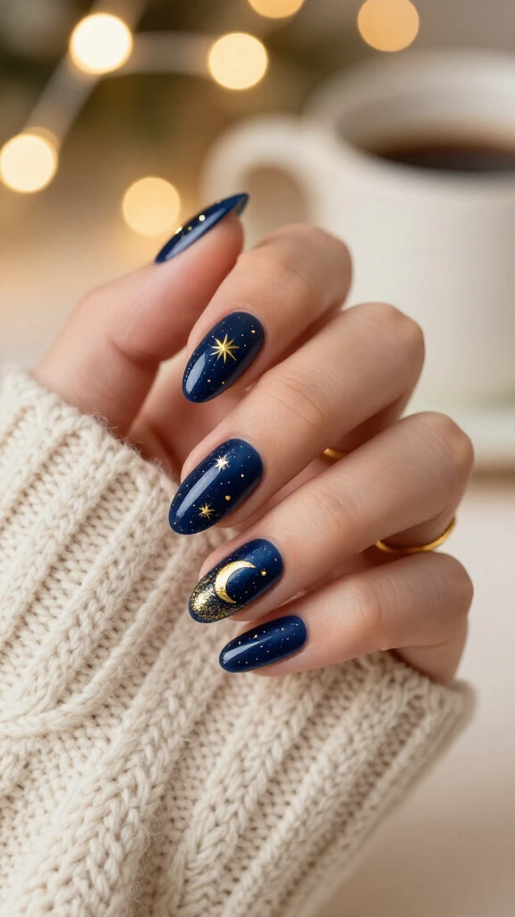 Gold starry night winter nails