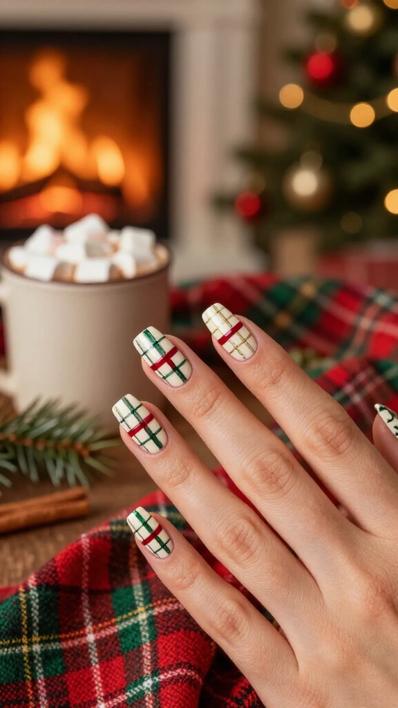Cozy plaid Christmas nail design