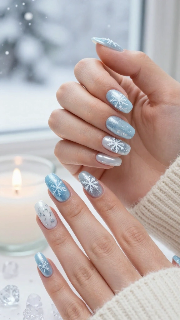 Icy blue snowflake nails