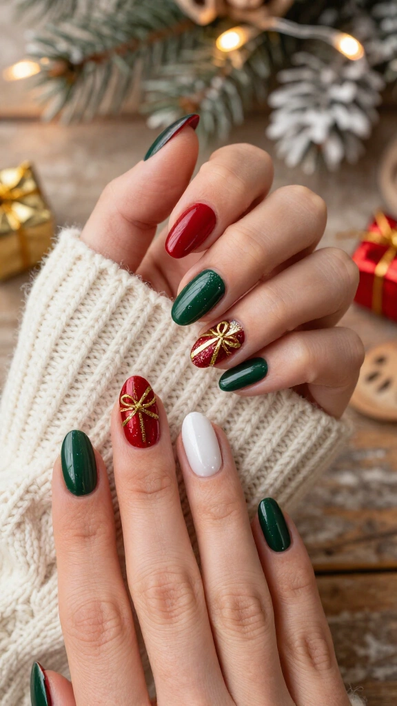 Christmas present nails with bow accents
