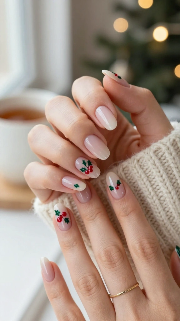 Minimalist holly berry nails