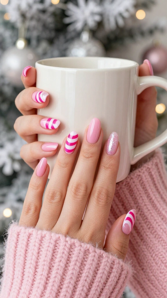 Pink peppermint Christmas nails