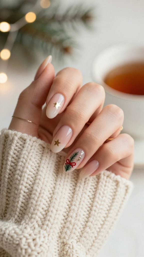 Nude nails with delicate Christmas details