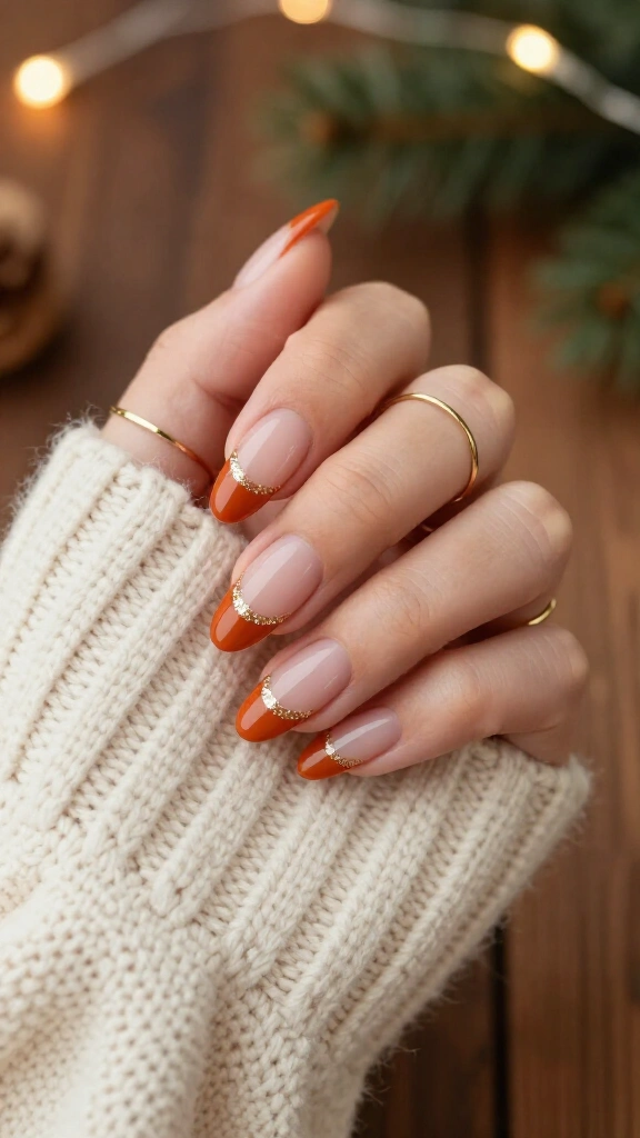Burnt Orange French Tips with Champagne Sparkle