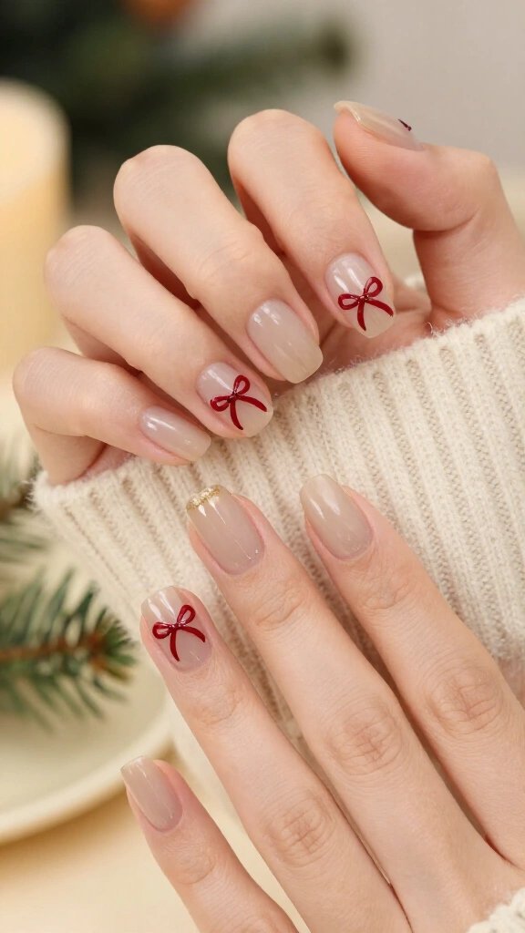 Sheer milk tea nails with tiny red ribbons