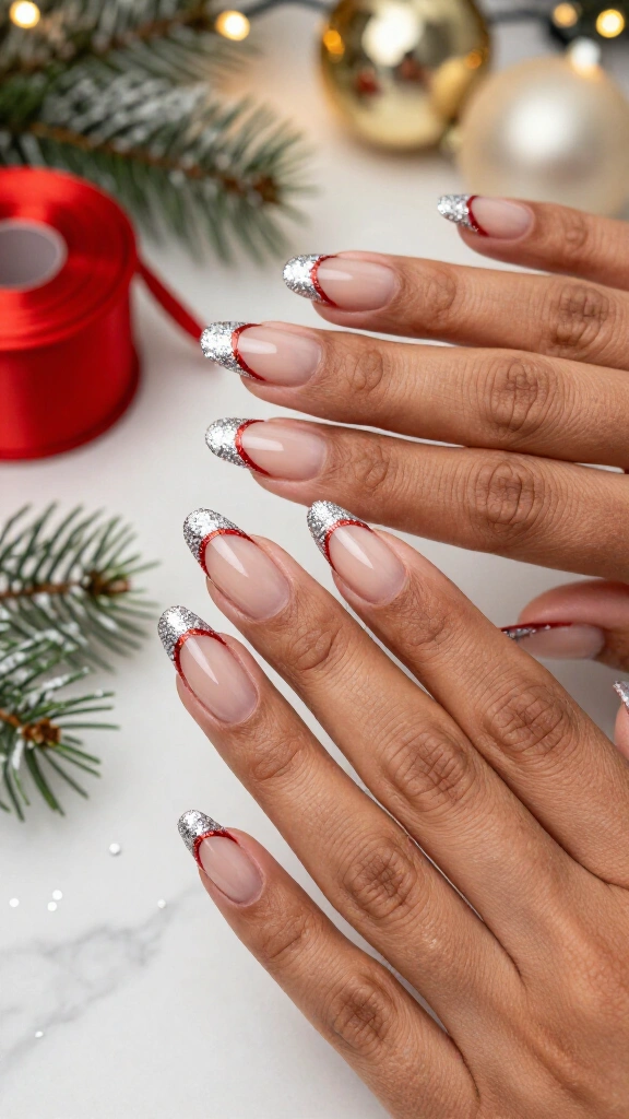 Glitter French Tips with Crimson Ribbons