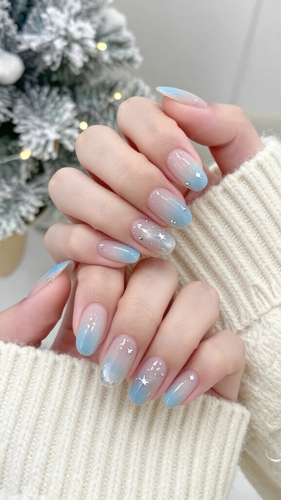 Icy blue aura nails with silver stars
