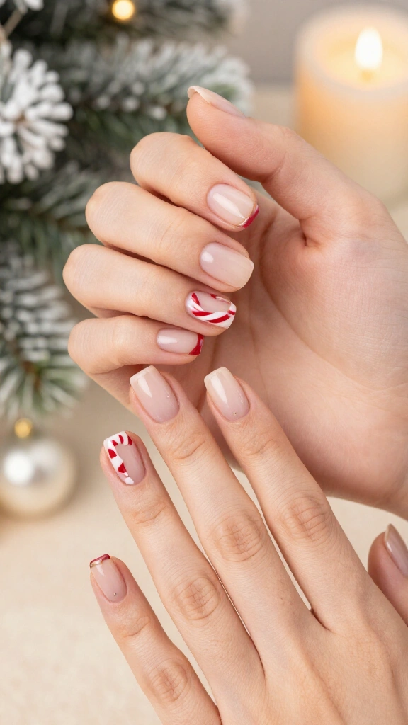 Nude nails with delicate candy cane lines