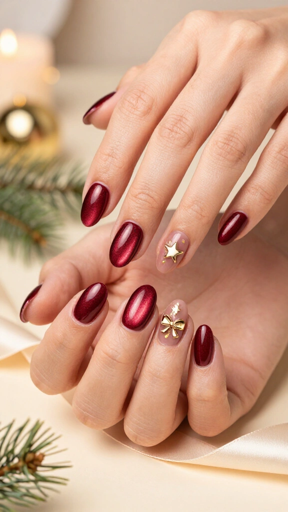 Velvet burgundy nails with one gold charm