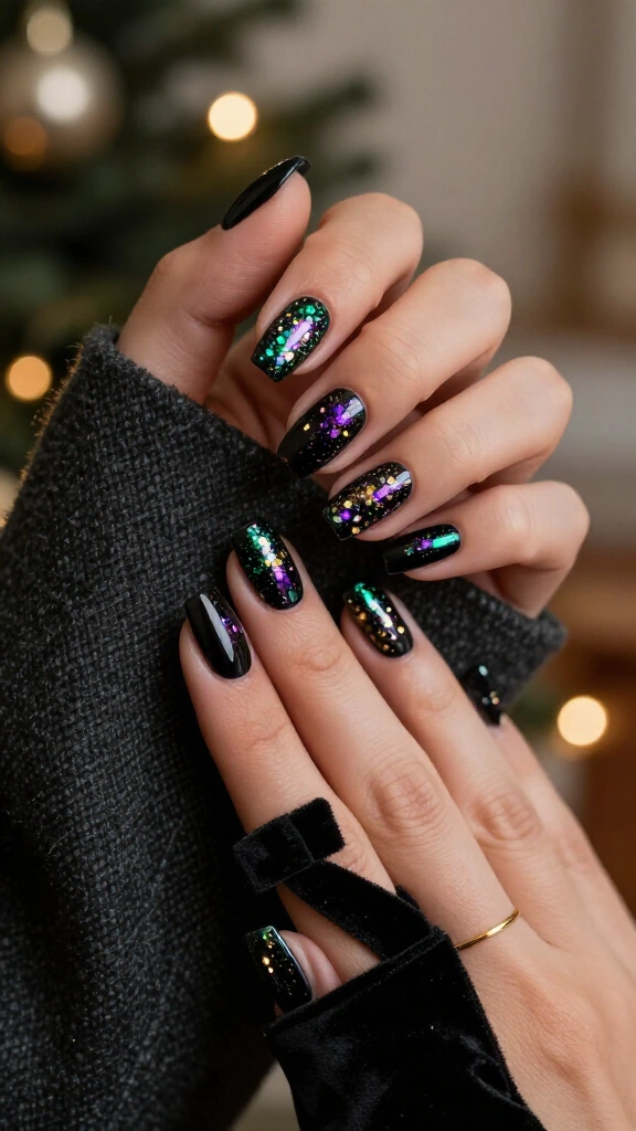 Glossy Onyx with Iridescent Glitter Cascade