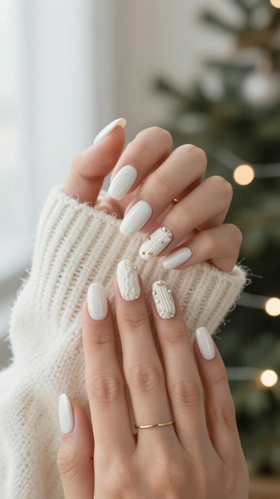 Soft white sweater nails with pearl details