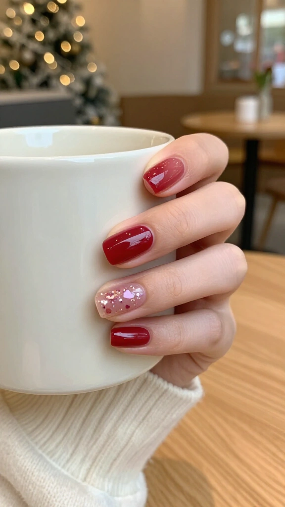 Cranberry jelly nails with heart-shaped glitter