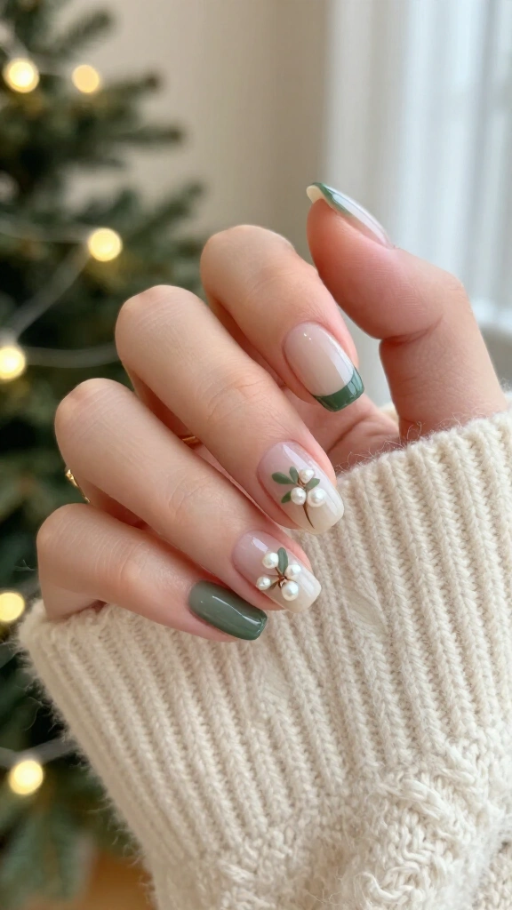 Minimal mistletoe accent nails