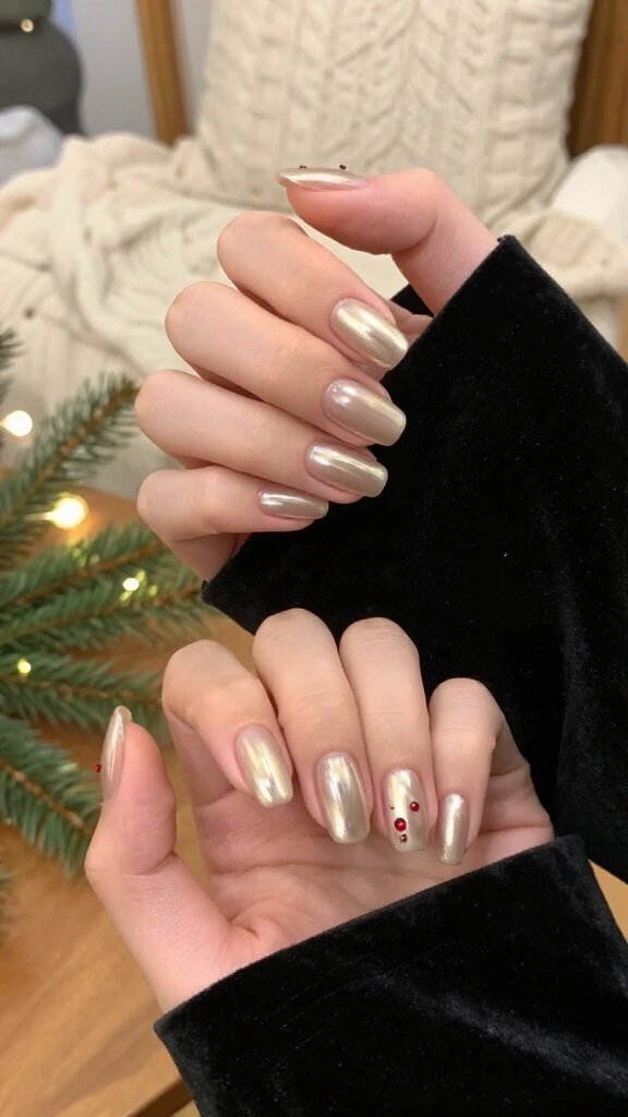 Champagne chrome nails with a tiny red gem