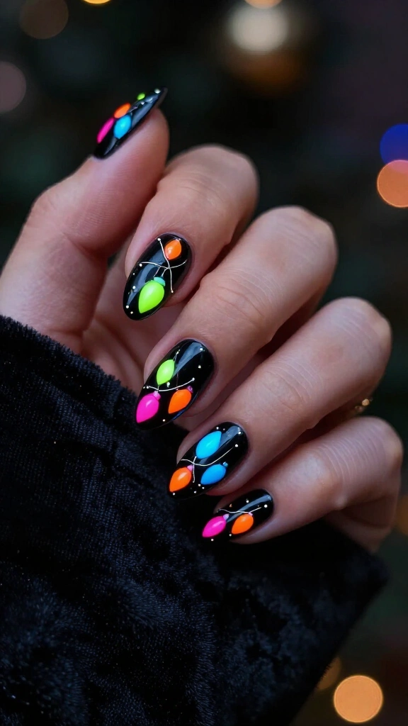Black nails with neon Christmas bulbs