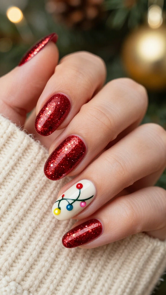Red glitter nails with light string accents
