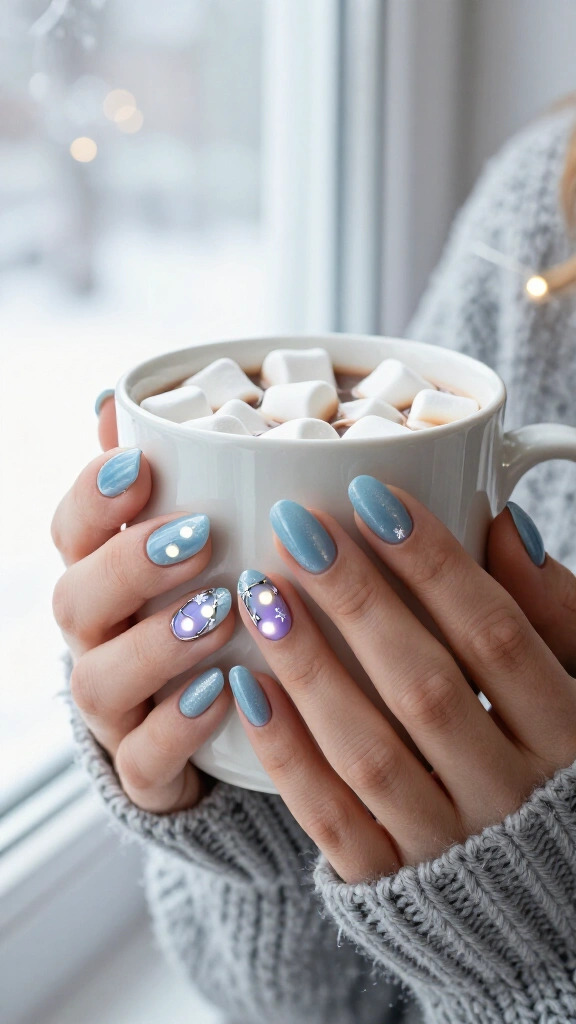 Snowy blue nails with icy white lights