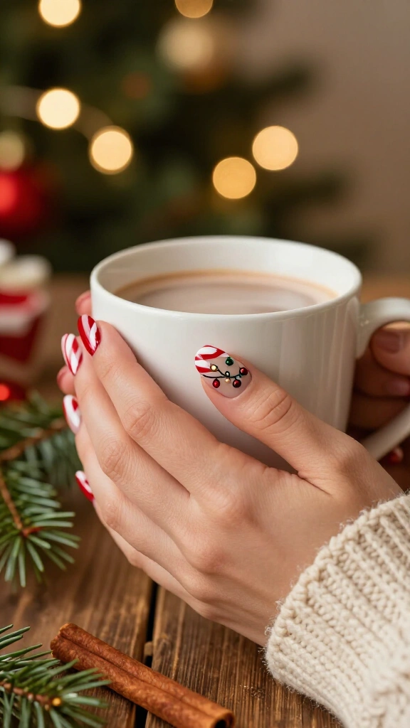 Candy cane Christmas light nail art