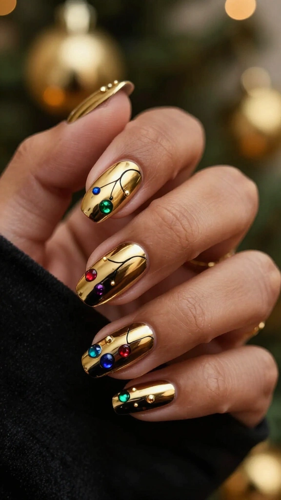 Gold chrome nails with jewel tone lights