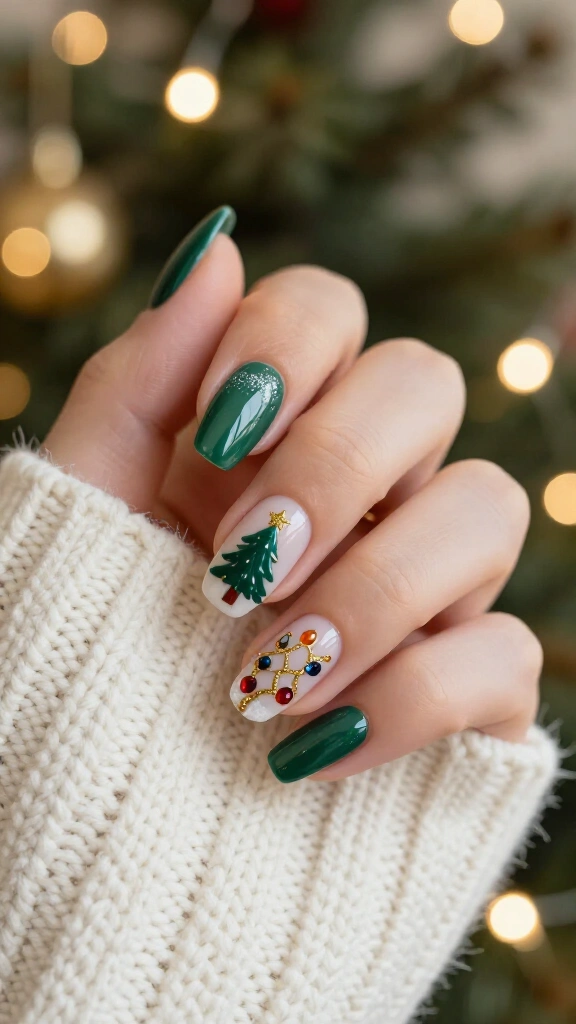 Christmas tree nails wrapped in lights