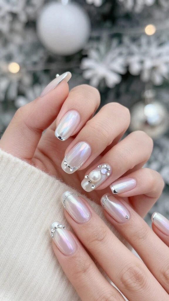 Pearlescent French with Gem Ornaments